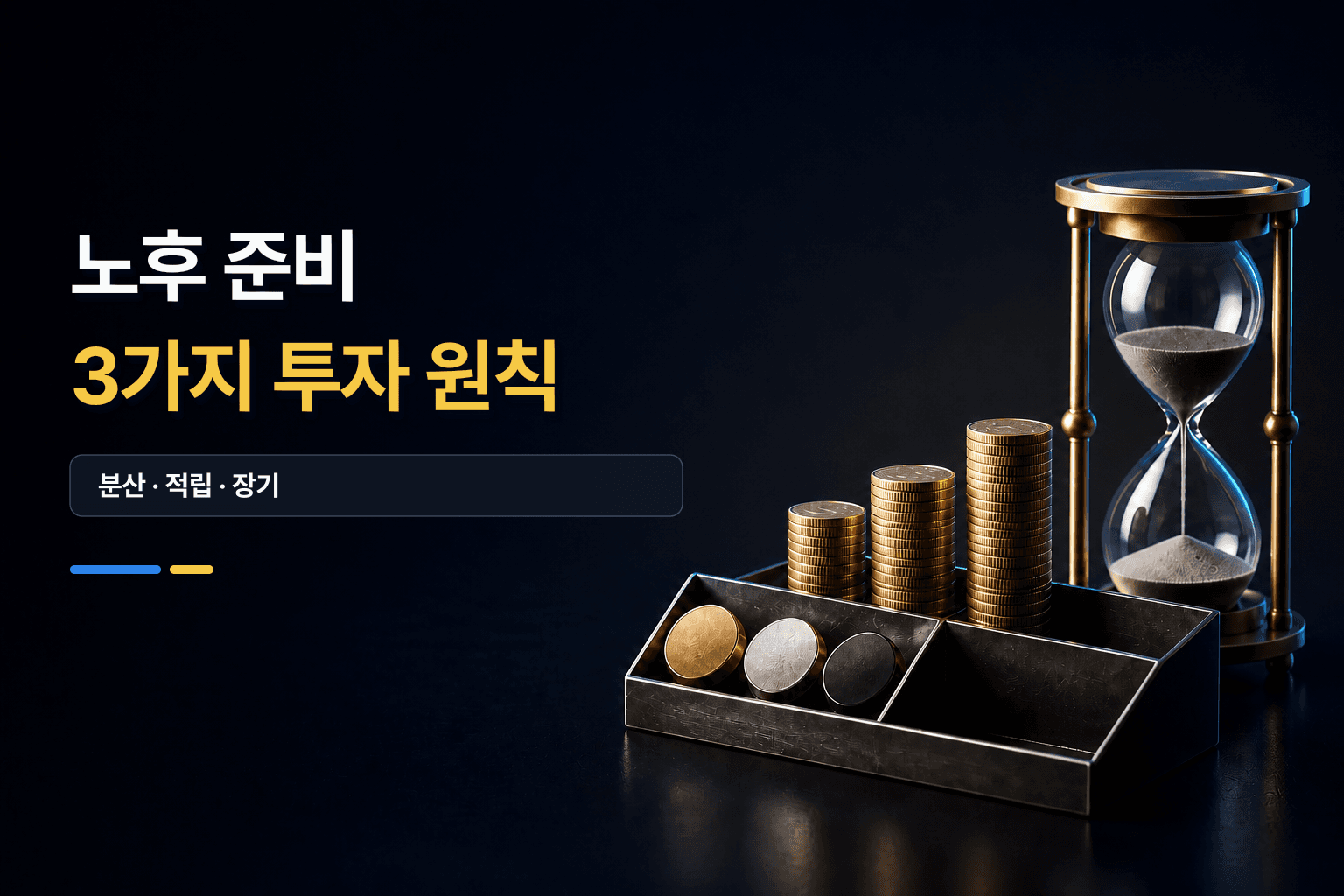 분산투자와 적립식 투자를 나타내는 여러 투자 토큰과 동전, 장기투자를 나타내는 모래시계 썸네일